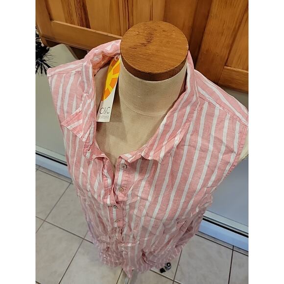 C&C California Pink and White Striped Linen Sleeveless Shirt Dress Women's 3X - Picture 5 of 9